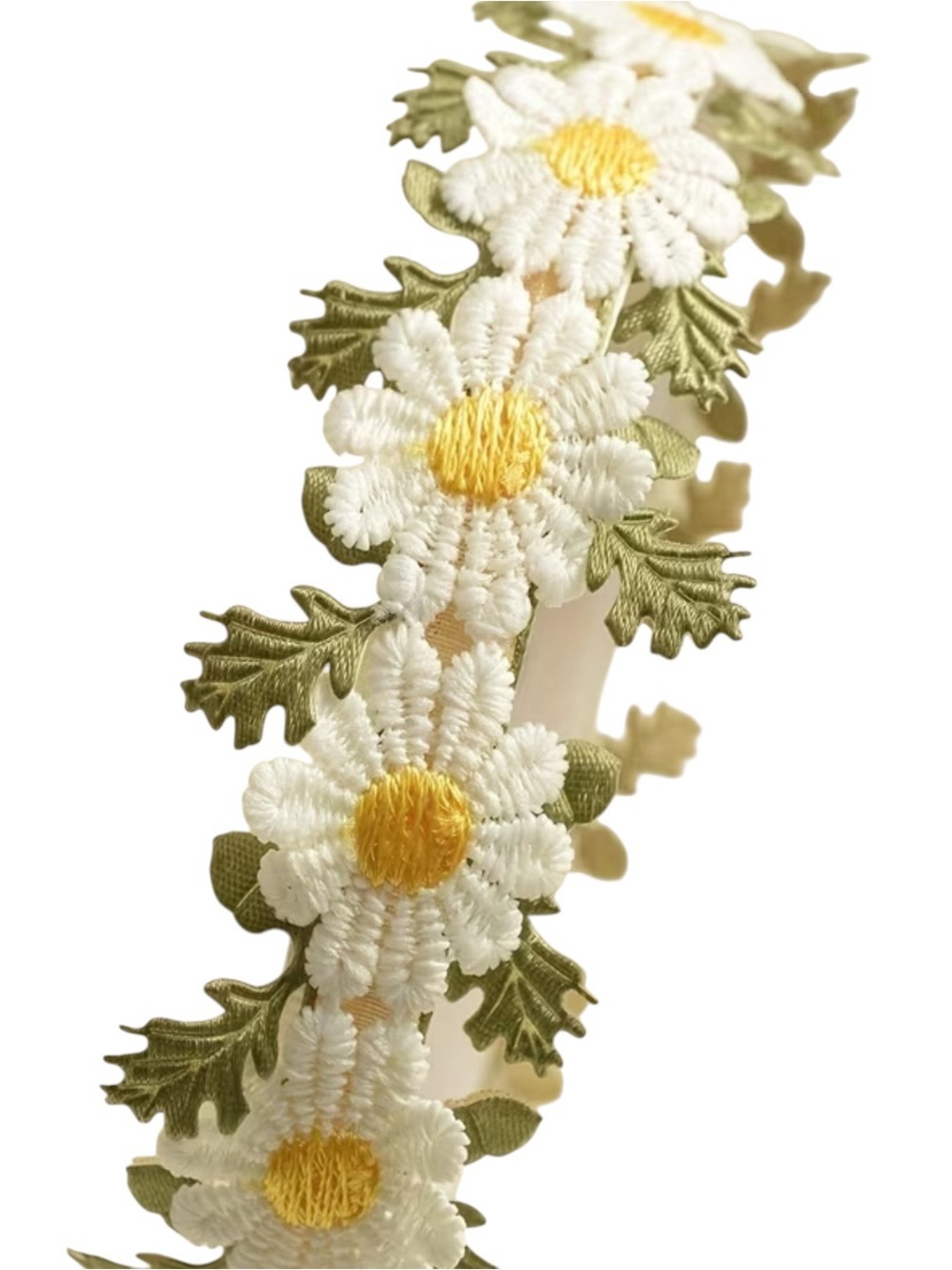1000. Daisy Floral Embroidered Trim - White, Yellow & Olive